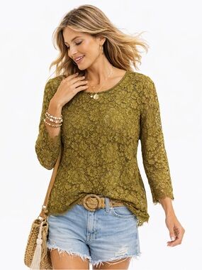 J.Crew Olive Green Floral Lace Long Sleeve Blouse Top 00 Slim Fit Scalloped Hem